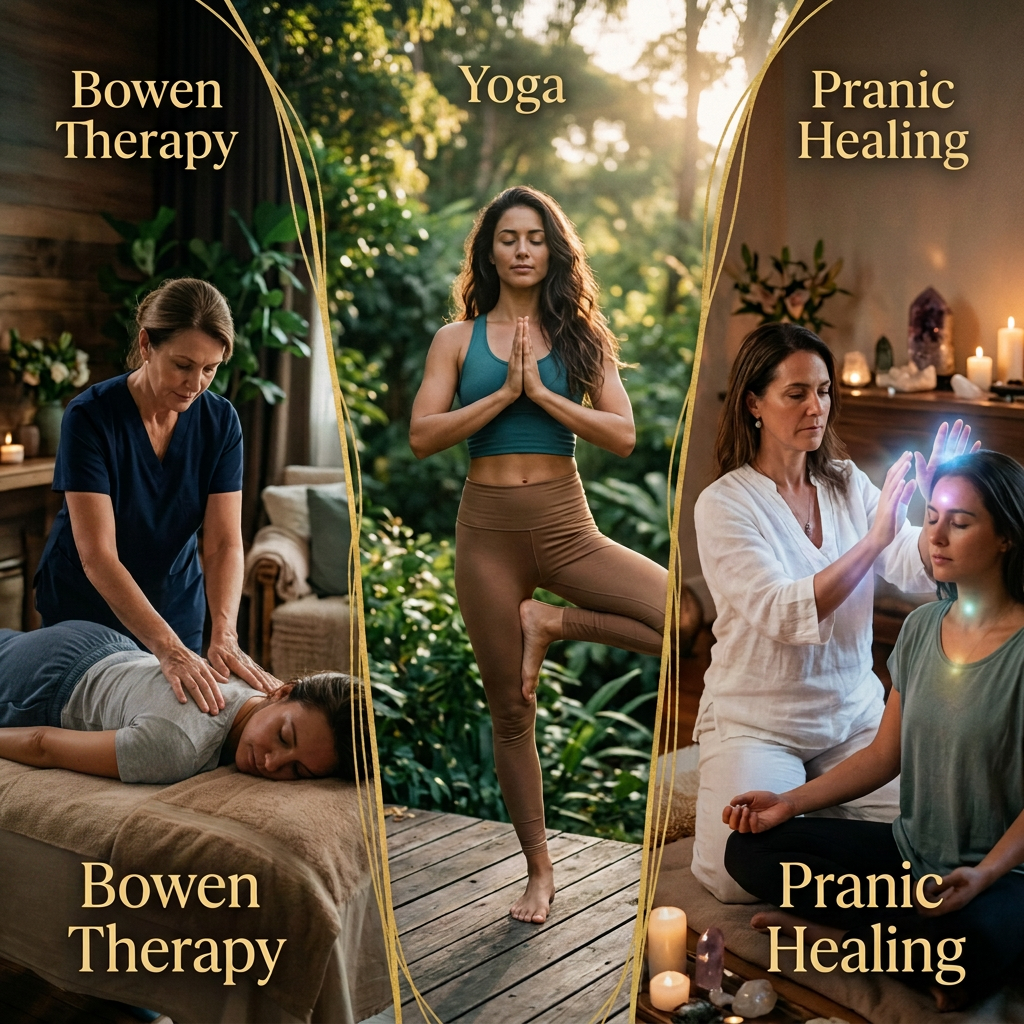 Bowen Therapy massage, woman practicing yoga, Pranic Healing session