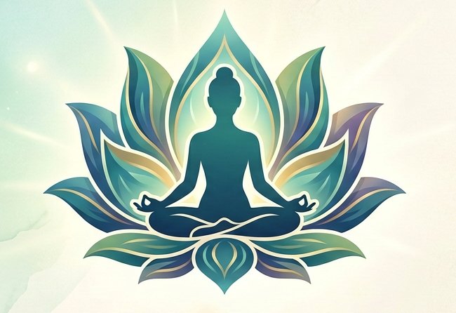 Meditating figure silhouette within a colorful lotus flower with the text Lotus Yoga Studio strength harmony peace
