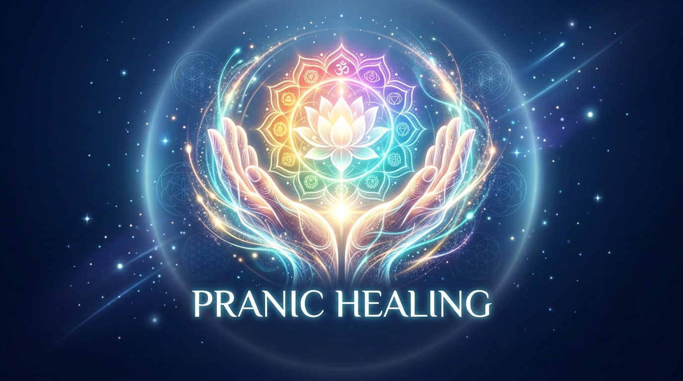 Glowing hands holding a radiant lotus flower with chakra symbols and cosmic energy effects